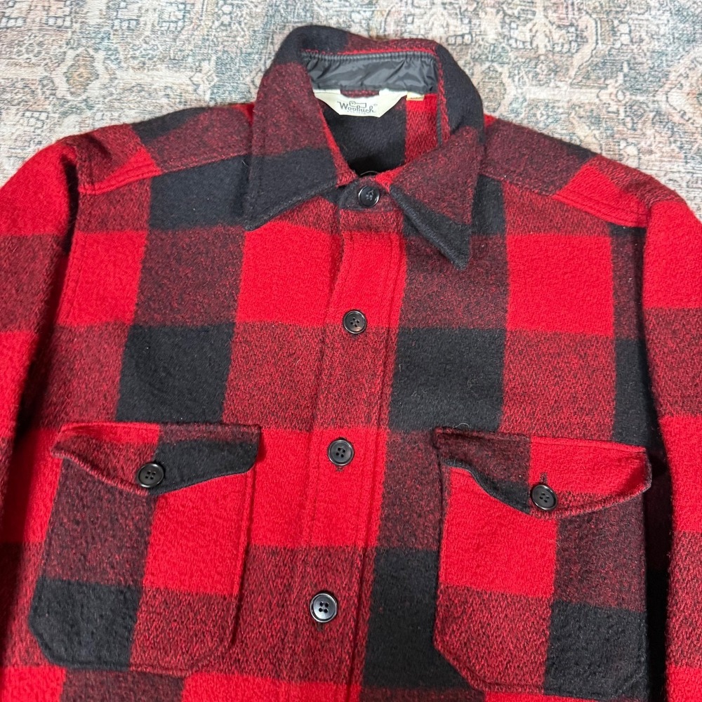 Vintage 70s Woolrich Buffalo Plaid Wool Mackinaw Hunting Jacket XL Shirt Red - Picture 2 of 7